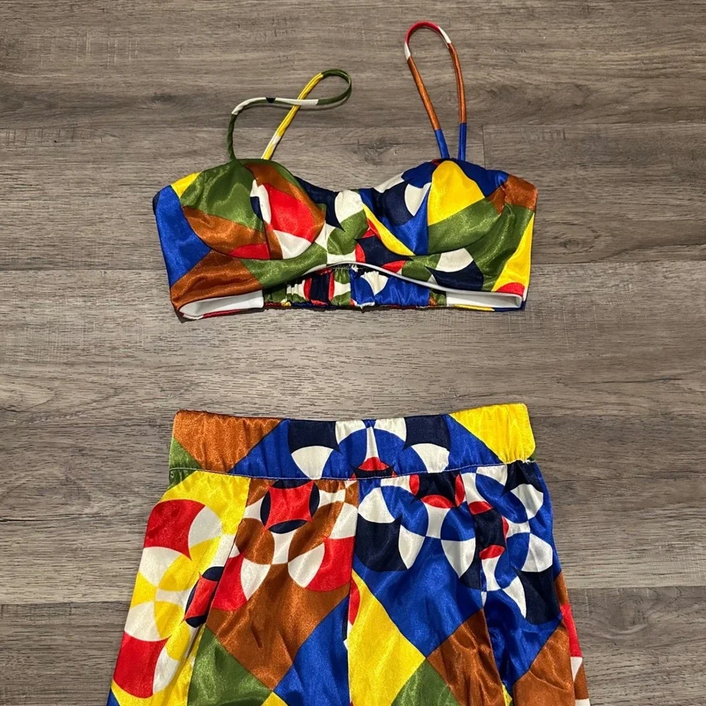 VTG Rubber Ducky 3 Piece Set Small Geometric Satin Blazer Crop Top Wide Leg Pant